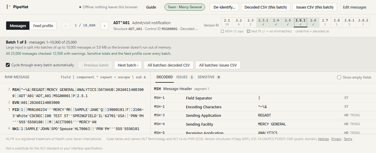 The batch bar for a 25,000-message input, all messages checked, with the Cycle through every batch automatically toggle.