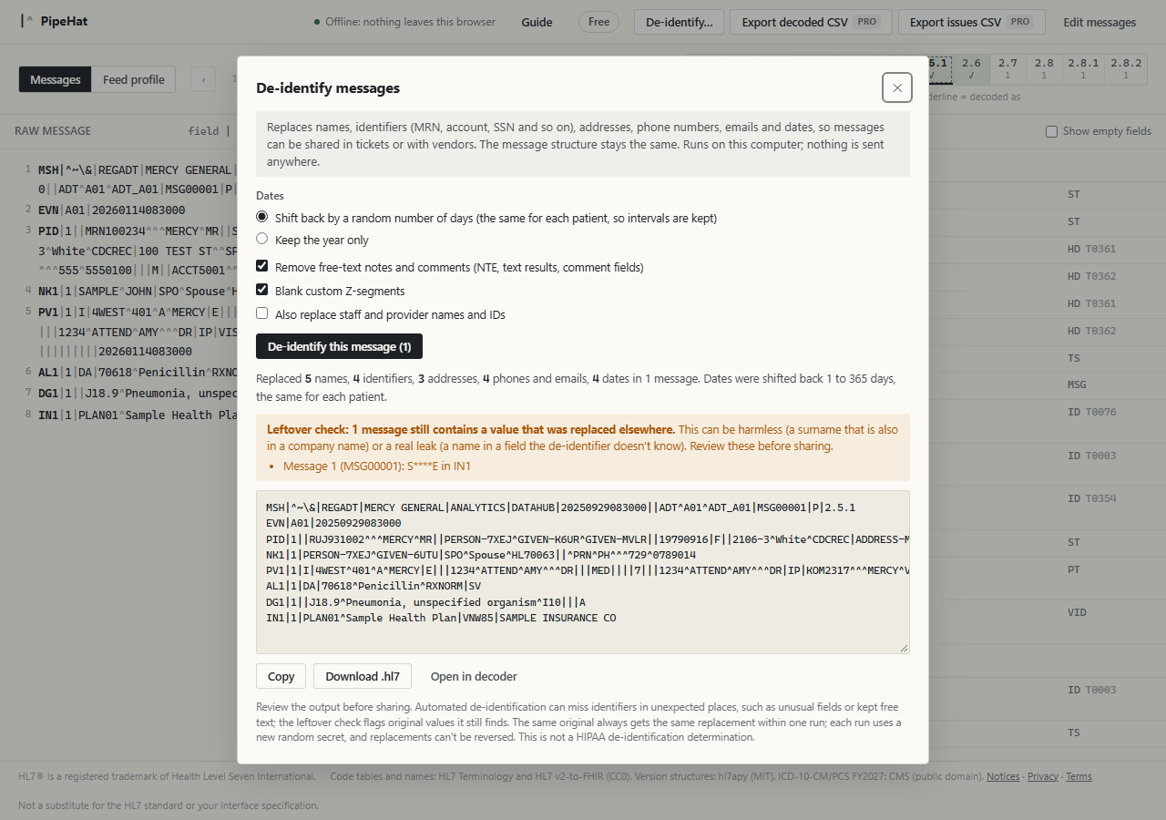 The De-identify messages panel with options, a summary of replacements and the de-identified message.