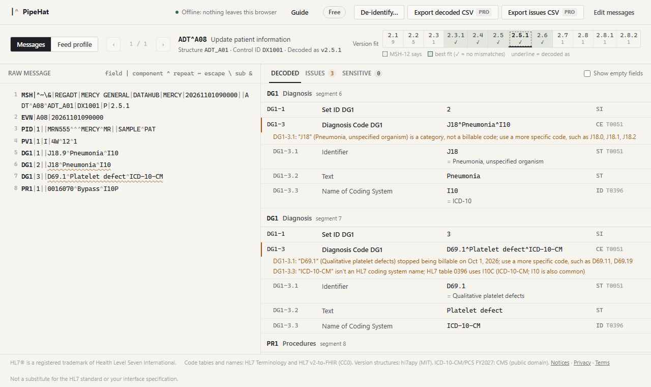 Diagnosis segments with J18 flagged as a non-billable category and D69.1 flagged as no longer billable.